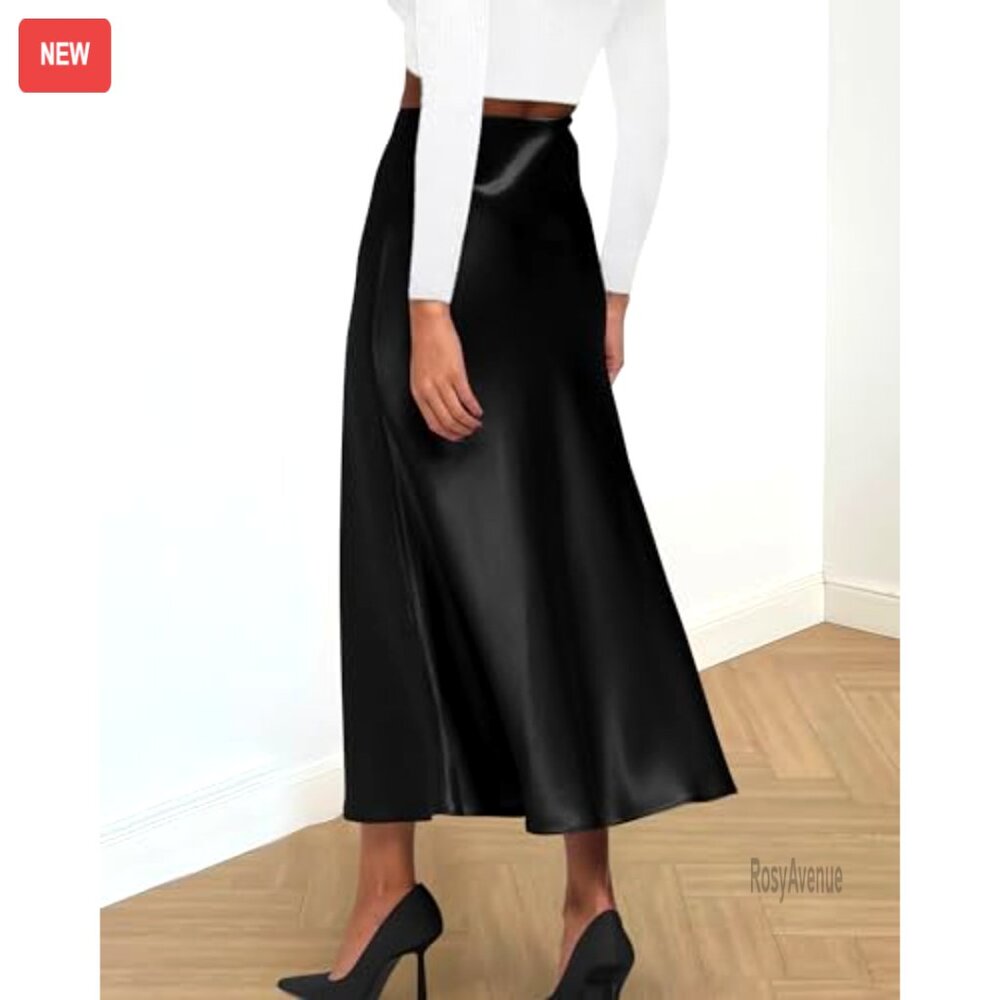 Satin Midi Skirt High Waist Elastic Flowy A-Line Cocktail Wedding - Picture 3 of 7